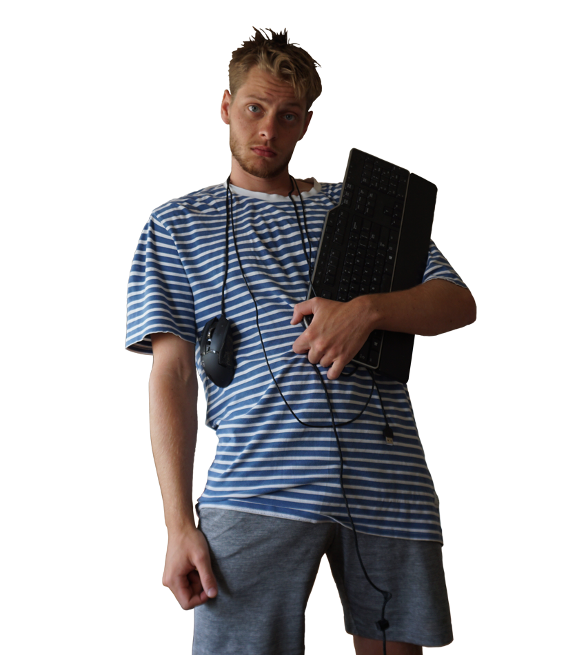 Me holding a keyboard and mouse